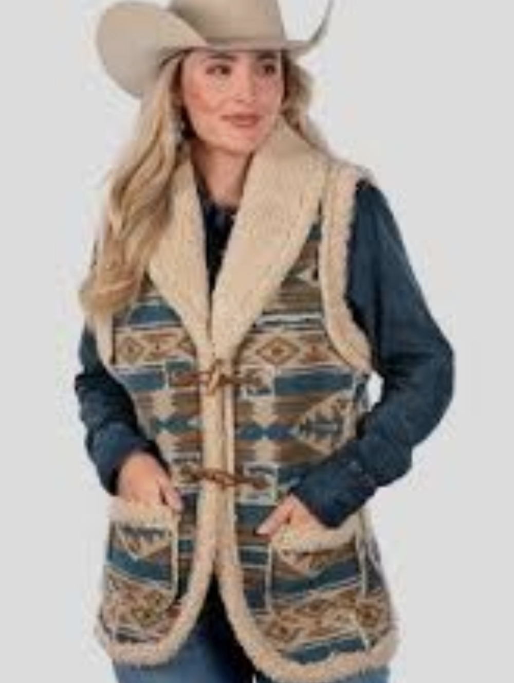 Southwestern Sherpa-Lined Vest in Teal & Tan